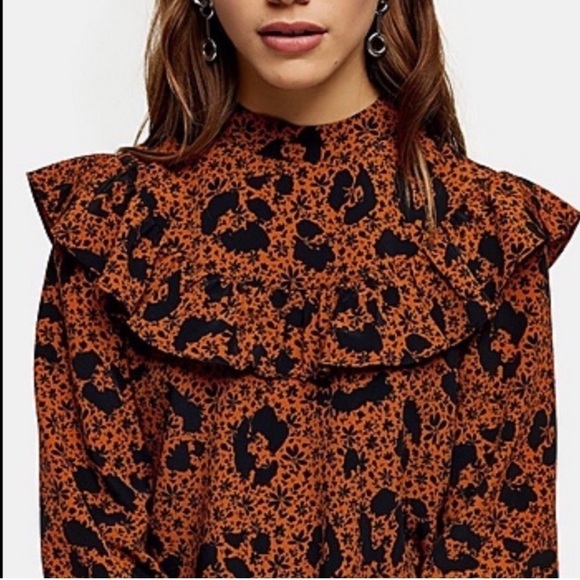 TOPSHOP Ustard Ruffle Yoke Long Sleeve Floral Mini Shift Dress - Picture 3 of 8